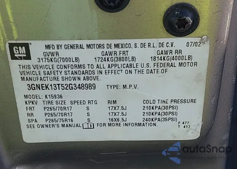 2002 Chevrolet Avalanche 1500 из США, поврежденный, VIN 3GNEK13T52G348989